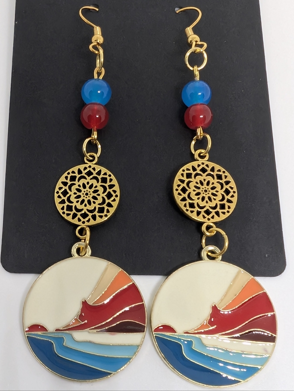 Handmade Beaded Boho Abstract Sunset Landscape Cat Dangle Earrings
